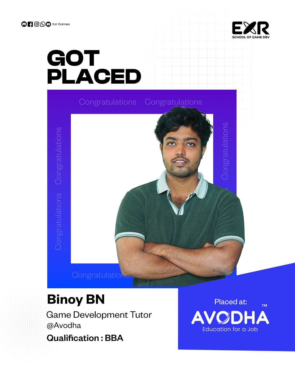 Binoy BN placed as Game Development Tutor at Avodha