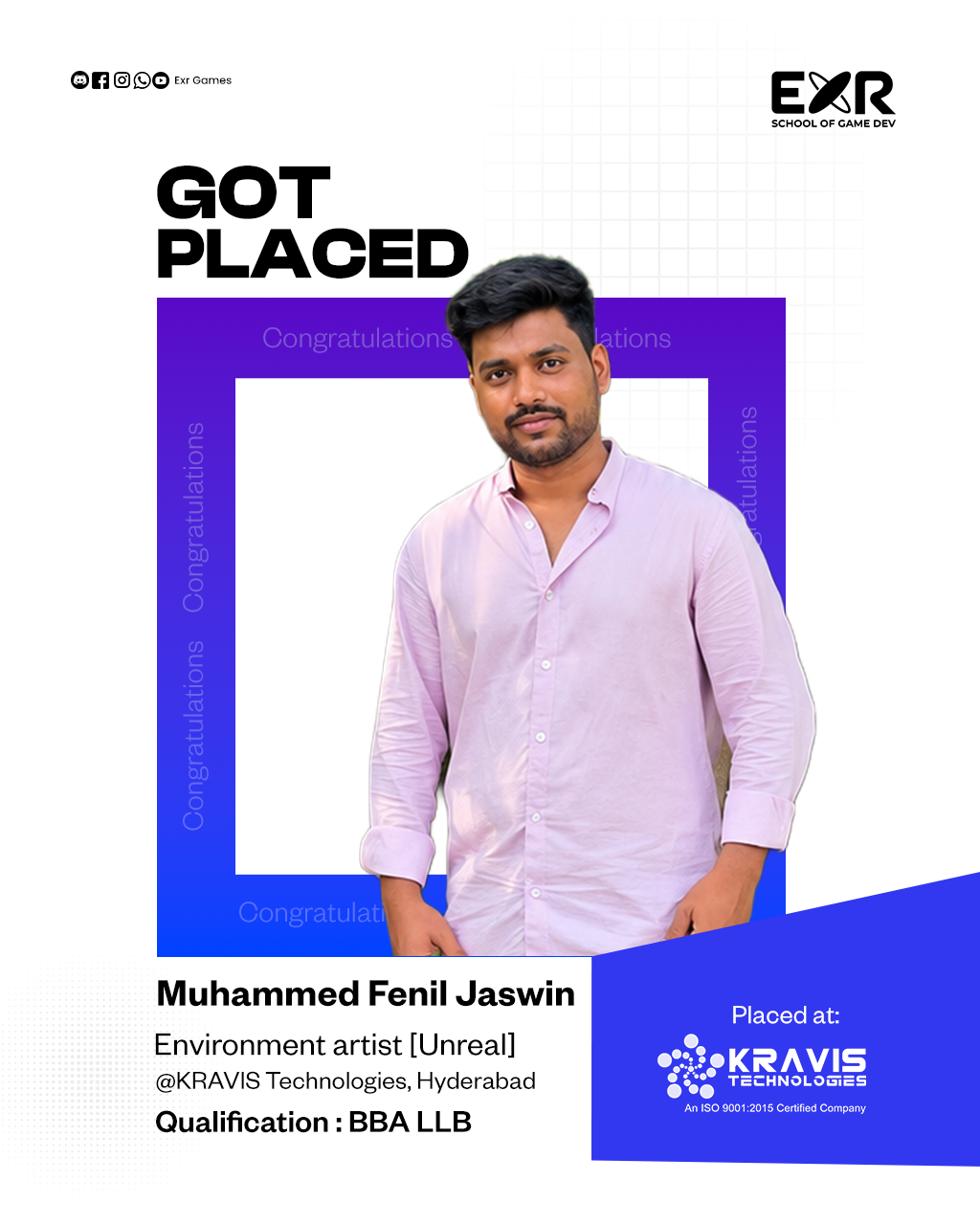 Muhammed Fenil Jaswin placed as Environment Artist (Unreal) at KRAVIS Technologies, Hyderabad