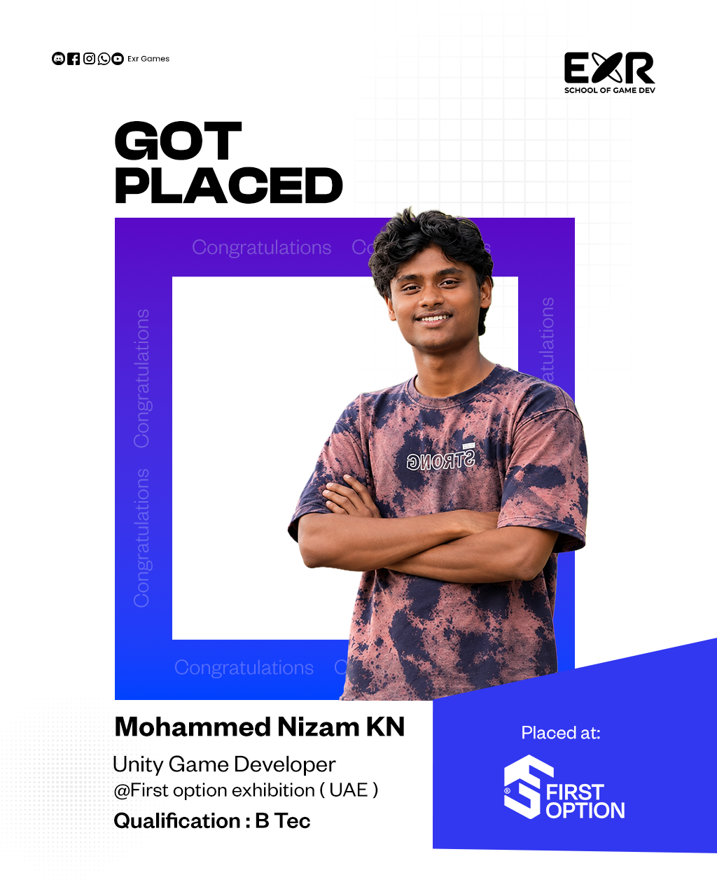 Mohammed Nizam KN placed as Unity Game Developer at First Option Exhibition, UAE