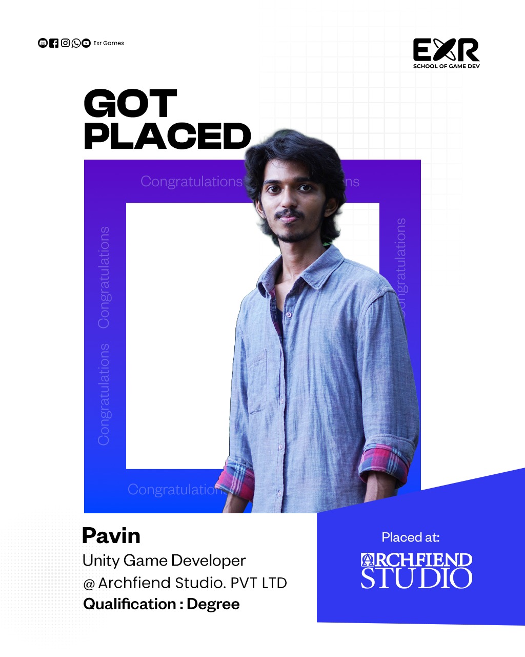 Pavin placed as Unity Game Developer at Archfiend Studio Pvt Ltd, Kochi